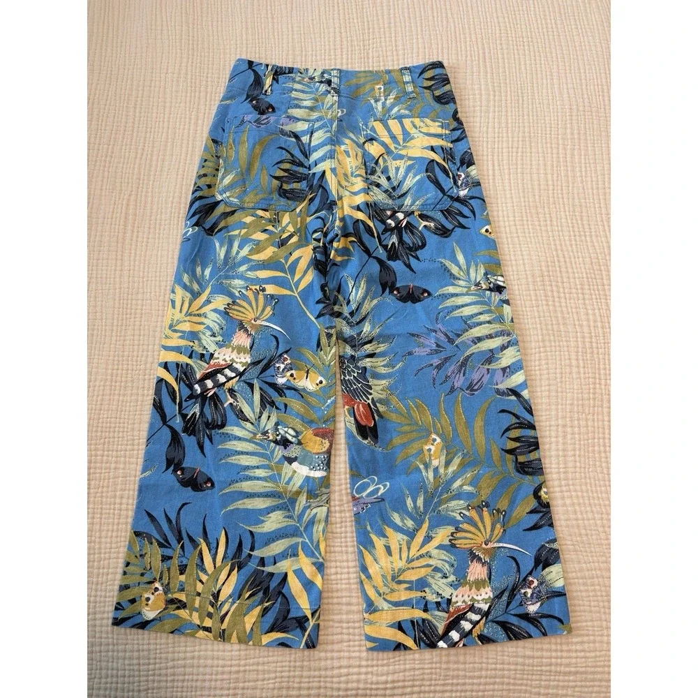 Anthropologie Maeve‎ Colette Pants Wide-Leg Linen Blue Tropical Print Size 4P